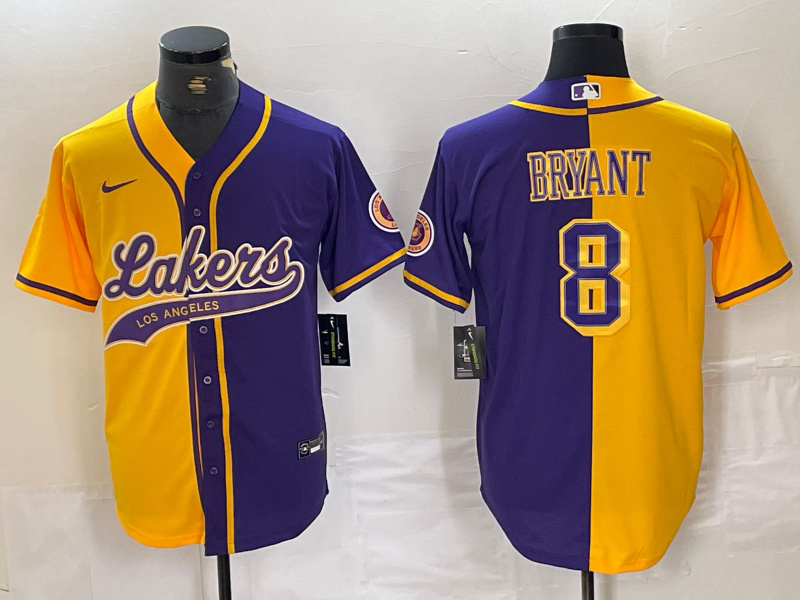 Personalized Men’s Los Angeles Lakers #8 Kobe Bryant Gold Purple Split Stitched Baseball Jersey 4