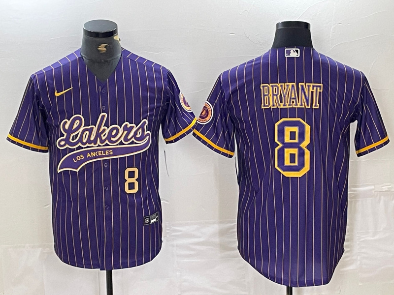 Personalized Men’s Los Angeles Lakers #8 Kobe Bryant Purple Pinstripe Cool Base Stitched Baseball Jerseys