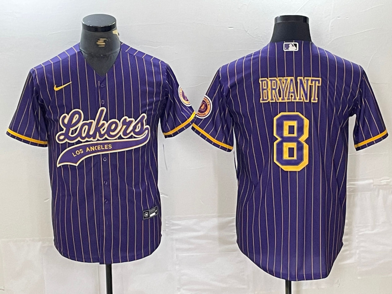 Personalized Men’s Los Angeles Lakers #8 Kobe Bryant Purple Pinstripe Cool Base Stitched Baseball Jersey 2