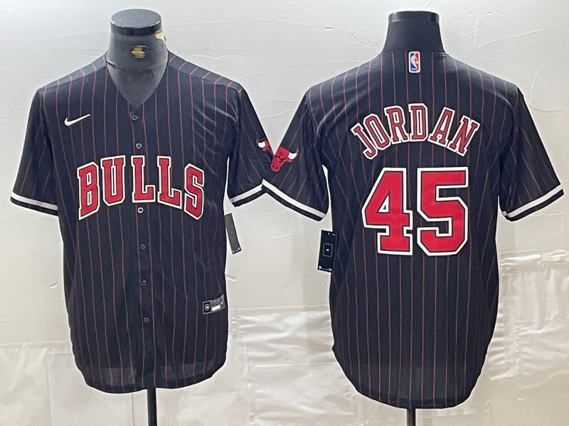 Personalized Men’s Chicago Bulls #45 Michael Jordan Black Pinstripe Cool Base Stitched Baseball Jerseys