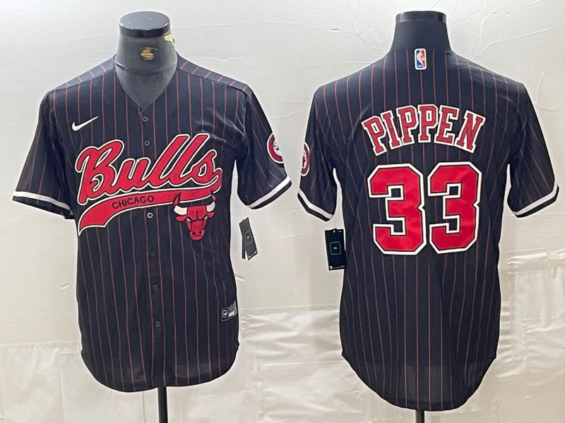 Personalized Men’s Chicago Bulls #33 Scottie Pippen Black Pinstripe Cool Base Stitched Baseball Jersey 4