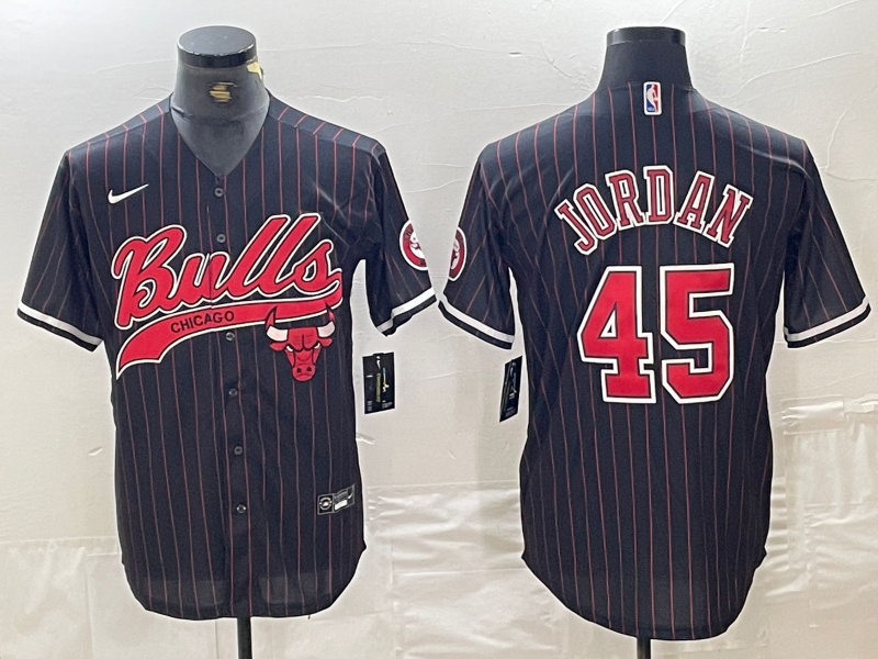Personalized Men’s Chicago Bulls #45 Michael Jordan Black Pinstripe Cool Base Stitched Baseball Jersey 3