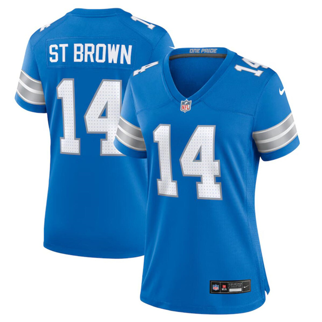 Personalized Women’s Detroit Lions #14 Amon-Ra St. Brown Blue Stitched Jersey(Run Smaller)