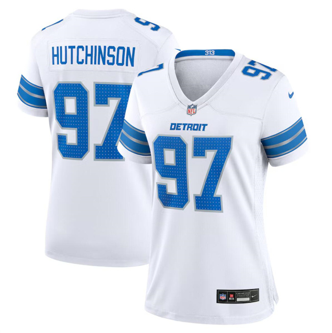 Personalized Women’s Detroit Lions #97 Aidan Hutchinson White Stitched Jersey(Run Smaller)
