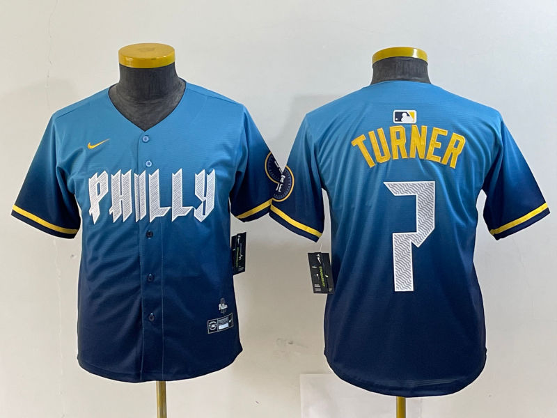 Personalized Youth Philadelphia Phillies #7 Trea Turner Blue 2024 City Connect Limited Stitched Jersey