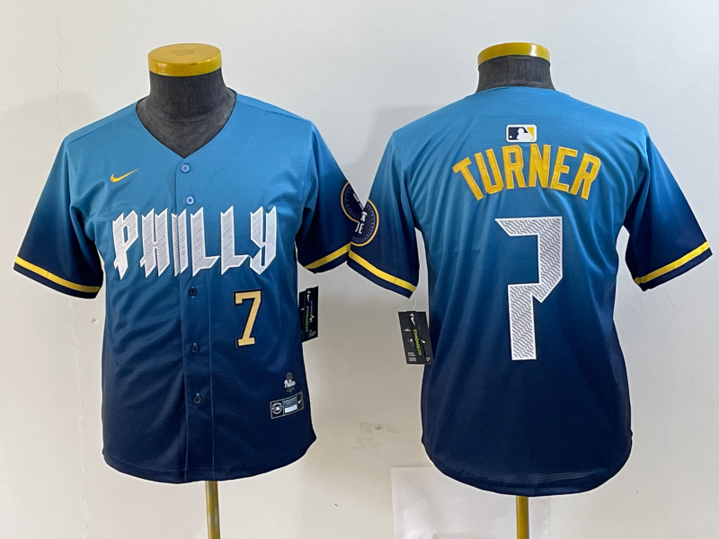 Personalized Youth Philadelphia Phillies #7 Trea Turner Blue 2024 City Connect Limited Stitched Jersey