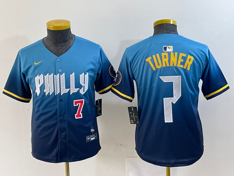 Personalized Youth Philadelphia Phillies #7 Trea Turner Blue 2024 City Connect Limited Stitched Jersey