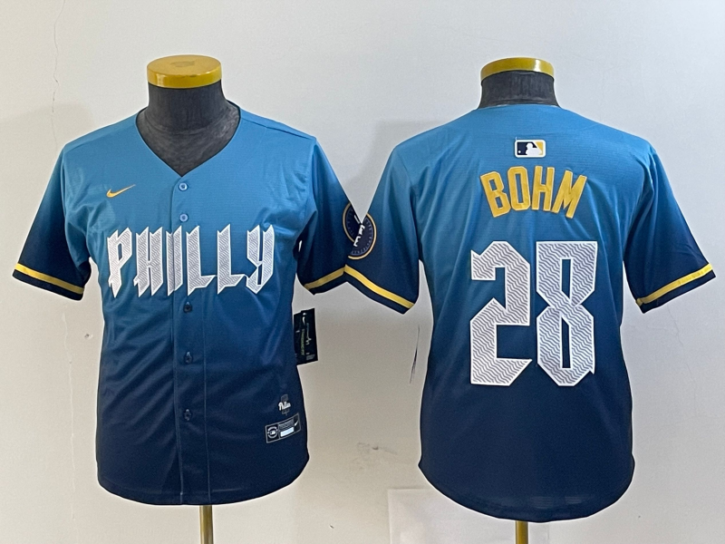 Personalized Youth Philadelphia Phillies #28 Alec Bohm Blue 2024 City Connect Limited Stitched Baseball Jersey
