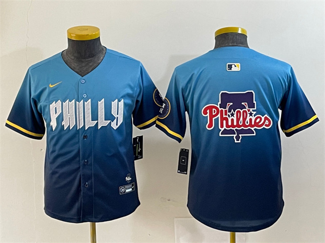 Personalized Youth Philadelphia Phillies Team Big Logo Blue 2024 City Connect Limited Stitched Baseball Jersey