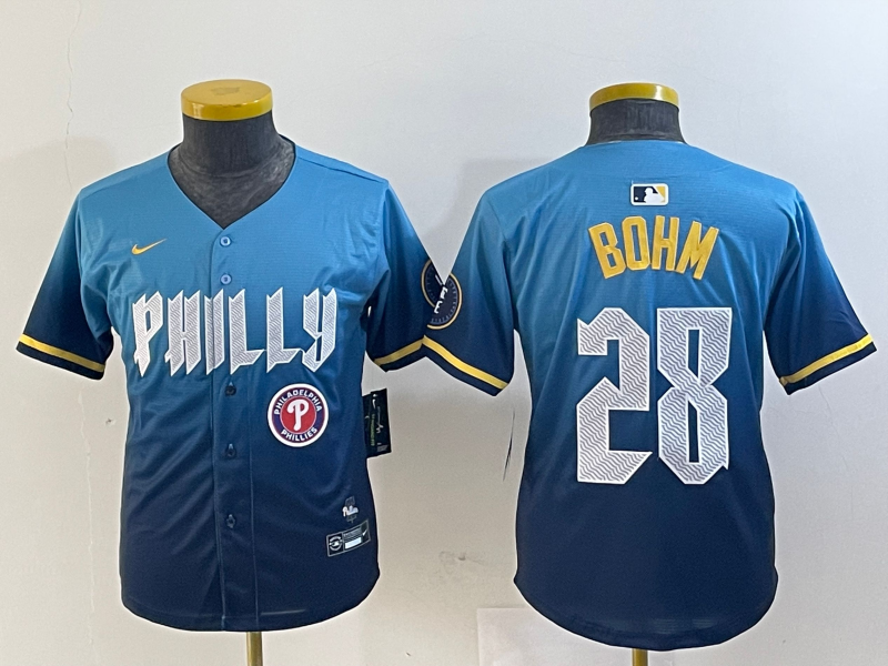 Personalized Youth Philadelphia Phillies #28 Alec Bohm Blue 2024 City Connect Limited Stitched Baseball Jersey
