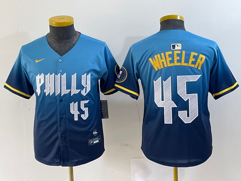 Personalized Youth Philadelphia Phillies #45 Zack Wheeler Blue 2024 City Connect Limited Stitched Baseball Jersey