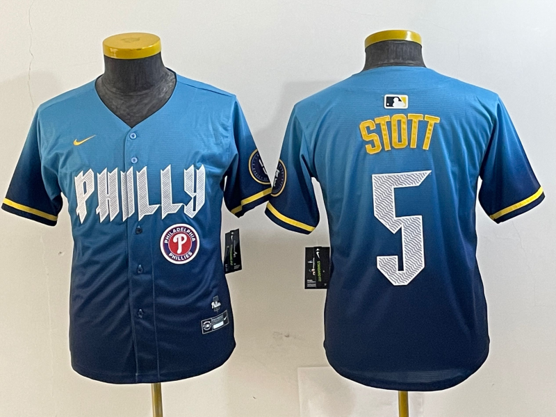 Personalized Youth Philadelphia Phillies #5 Bryson Stott Blue 2024 City Connect Limited Stitched Baseball Jersey