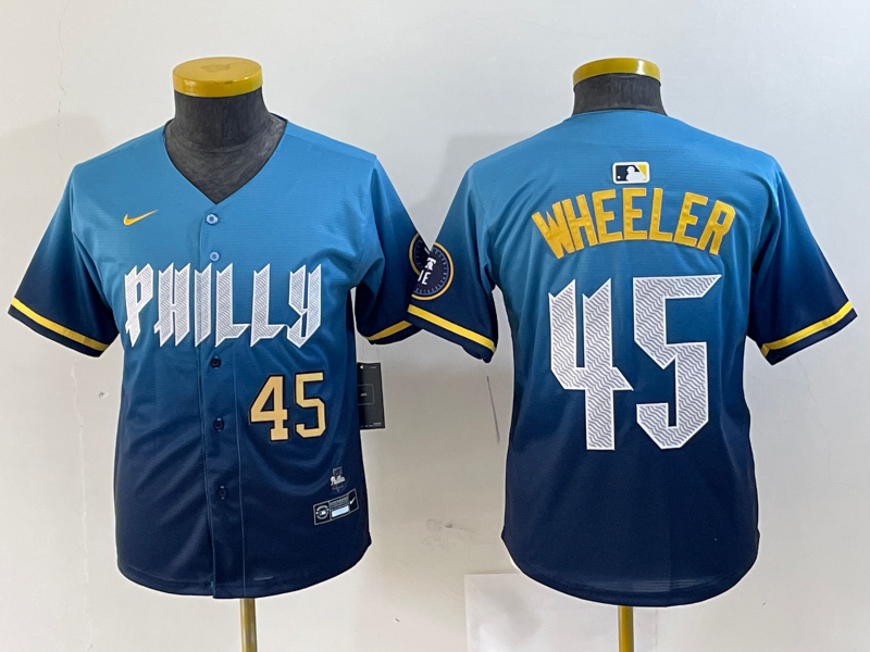 Personalized Youth Philadelphia Phillies #45 Zack Wheeler Blue 2024 City Connect Limited Stitched Baseball Jersey