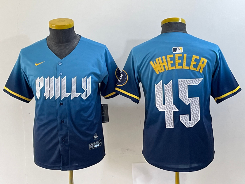 Personalized Youth Philadelphia Phillies #45 Zack Wheeler Blue 2024 City Connect Limited Stitched Baseball Jersey