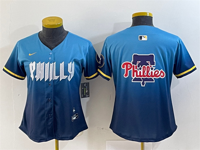Personalized Women’s Philadelphia Phillies Team Big Logo Blue 2024 City Connect Limited Stitched Baseball Jersey