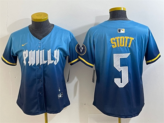 Personalized Women’s Philadelphia Phillies #5 Bryson Stott Blue 2024 City Connect Limited Stitched Baseball Jersey