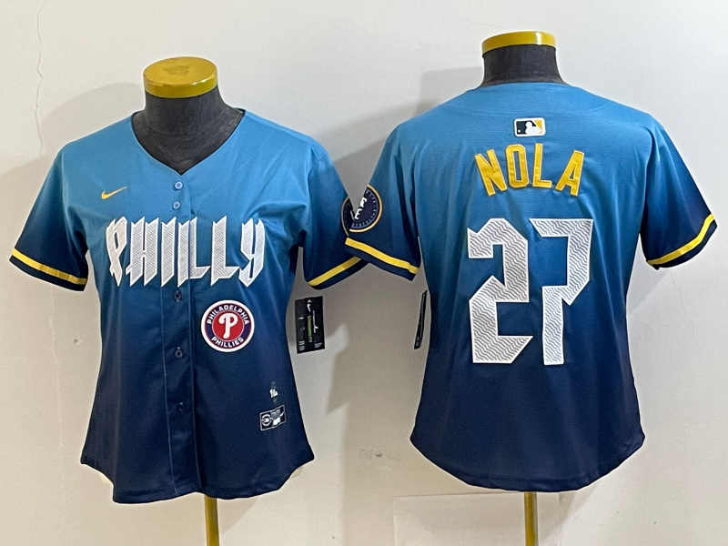 Personalized Women’s Philadelphia Phillies #27 Aaron Nola Blue 2024 City Connect Limited Stitched Baseball Jersey