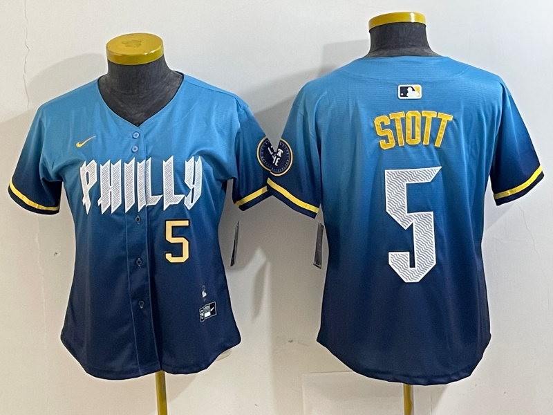 Personalized Women’s Philadelphia Phillies #5 Bryson Stott Blue 2024 City Connect Limited Stitched Baseball Jersey