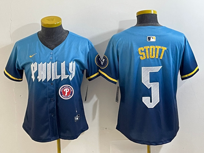 Personalized Women’s Philadelphia Phillies #5 Bryson Stott Blue 2024 City Connect Limited Stitched Baseball Jersey