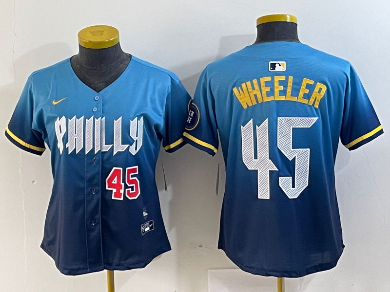 Personalized Women’s Philadelphia Phillies #45 Zack Wheeler Blue 2024 City Connect Limited Stitched Baseball Jersey