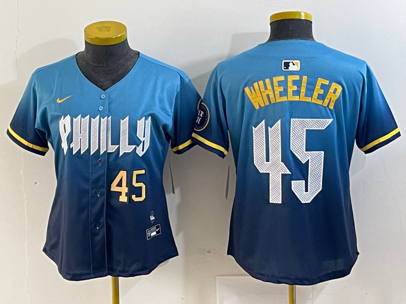 Personalized Women’s Philadelphia Phillies #45 Zack Wheeler Blue 2024 City Connect Limited Stitched Baseball Jersey