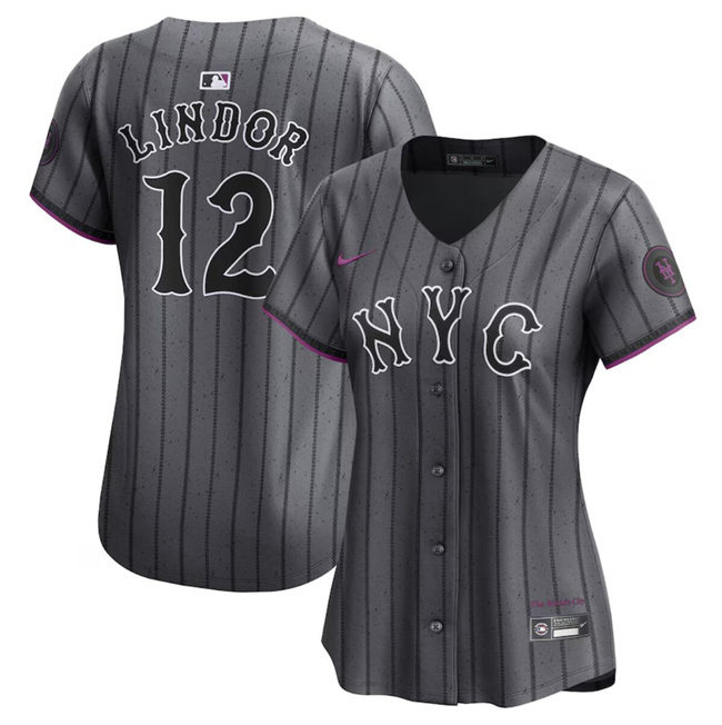 Personalized Women’s New York Mets #12 Francisco Lindor Graphite 2024 City Connect Limited Stitched Baseball Jersey(Run Small)