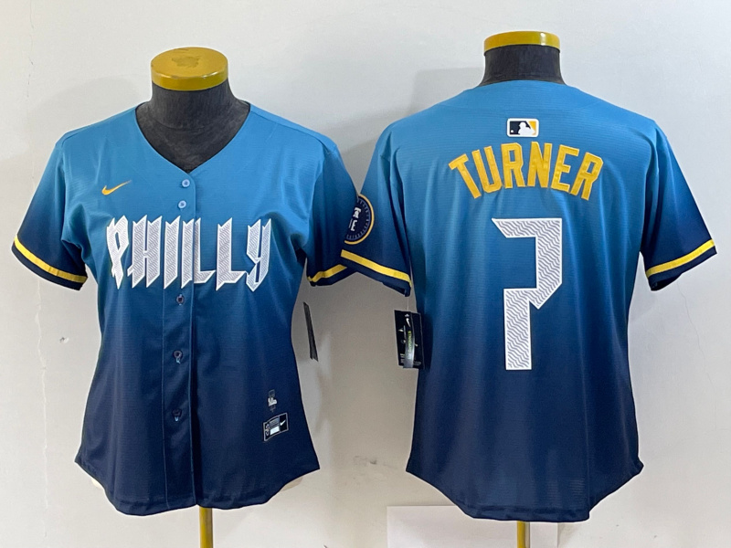 Personalized Women Philadelphia Phillies #7 Trea Turner Blue 2024 City Connect Limited Stitched Jersey