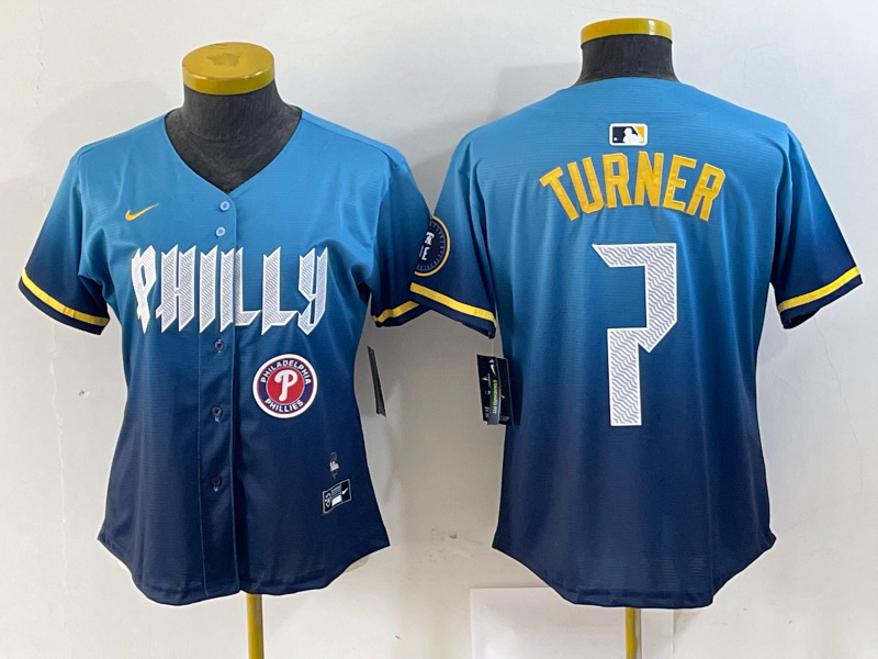 Personalized Women Philadelphia Phillies #7 Trea Turner Blue 2024 City Connect Limited Stitched Jersey