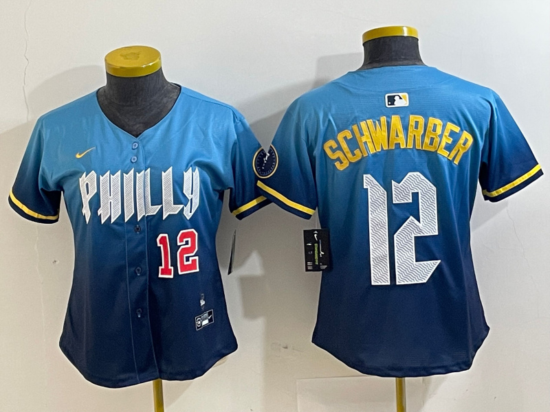 Personalized Women Philadelphia Phillies #12 Kyle Schwarber Blue 2024 City Connect Limited Stitched Jersey