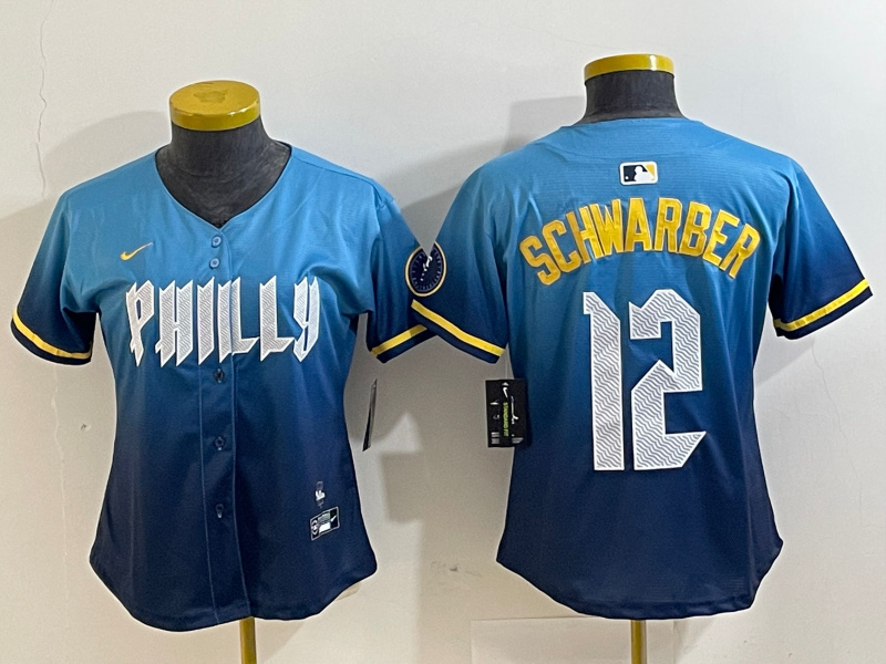 Personalized Women Philadelphia Phillies #12 Kyle Schwarber Blue 2024 City Connect Limited Stitched Jersey