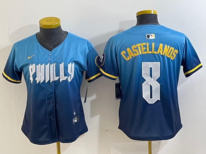 Personalized Women Philadelphia Phillies #8 Nick Castellanos Blue 2024 City Connect Limited Stitched Jersey