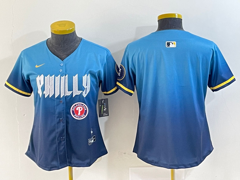 Personalized Women Philadelphia Phillies Team Big Logo Blue 2024 City Connect Limited Stitched Baseball Jersey