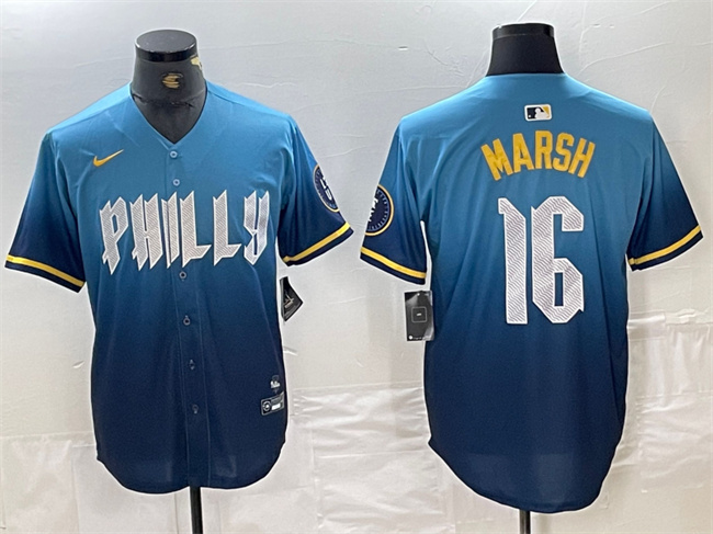 Personalized Men’s Philadelphia Phillies #16 Brandon Marsh Blue 2024 City Connect Limited Stitched Jersey
