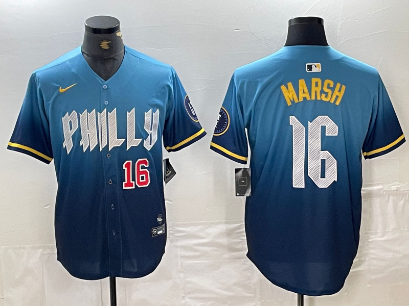 Personalized Men’s Philadelphia Phillies #16 Brandon Marsh Blue 2024 City Connect Limited Stitched Jersey