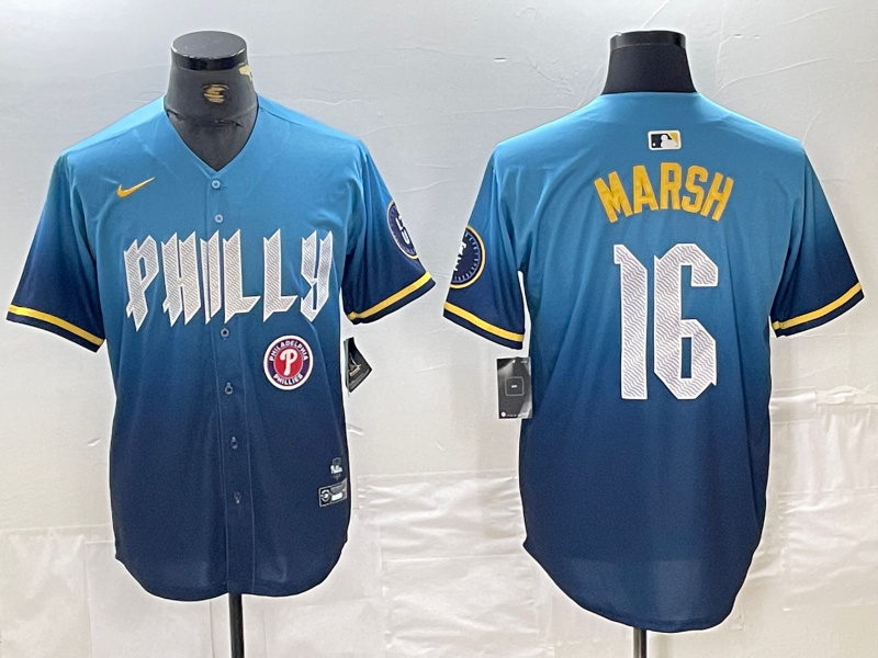 Personalized Men’s Philadelphia Phillies #16 Brandon Marsh Blue 2024 City Connect Limited Stitched Jersey