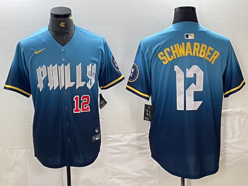 Personalized Men’s Philadelphia Phillies #12 Kyle Schwarber Blue 2024 City Connect Limited Stitched Jersey