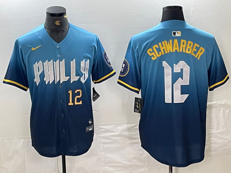 Personalized Men’s Philadelphia Phillies #12 Kyle Schwarber Blue 2024 City Connect Limited Stitched Jersey