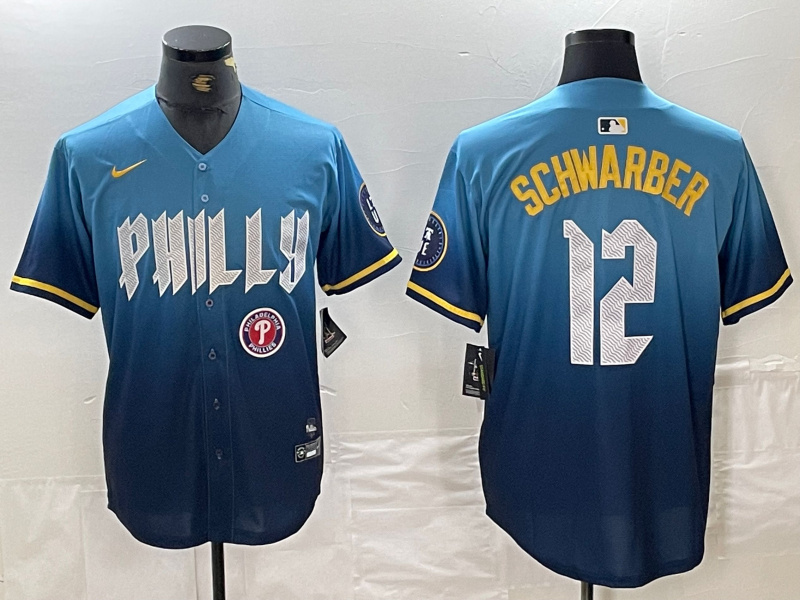 Personalized Men’s Philadelphia Phillies #12 Kyle Schwarber Blue 2024 City Connect Limited Stitched Jersey