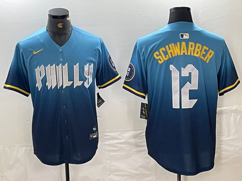 Personalized Men’s Philadelphia Phillies #12 Kyle Schwarber Blue 2024 City Connect Limited Stitched Jersey