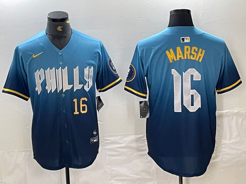 Personalized Men’s Philadelphia Phillies #16 Brandon Marsh Blue 2024 City Connect Limited Stitched Jersey