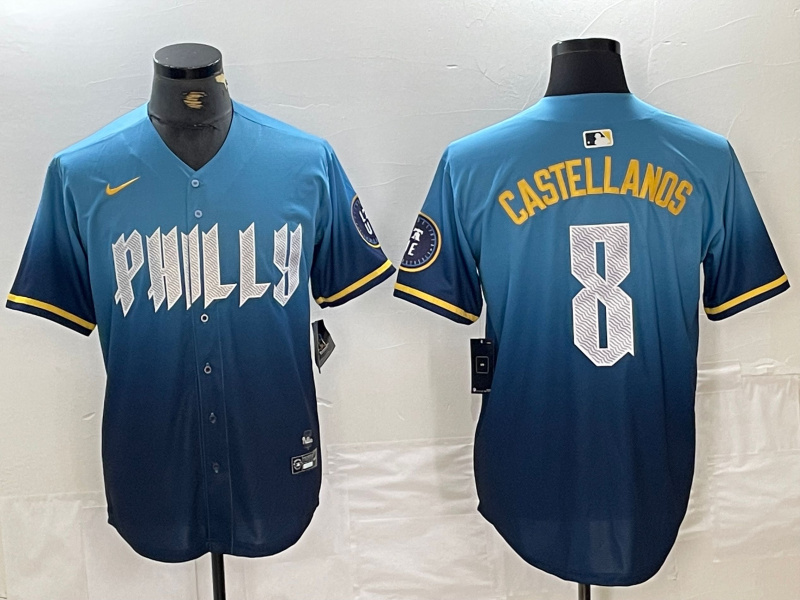 Personalized Men’s Philadelphia Phillies #8 Nick Castellanos Blue 2024 City Connect Limited Stitched Jersey