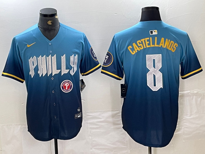 Personalized Men’s Philadelphia Phillies #8 Nick Castellanos Blue 2024 City Connect Limited Stitched Jersey