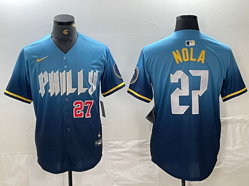 Personalized Men’s Philadelphia Phillies #27 Aaron Nola Blue 2024 City Connect Limited Stitched Baseball Jersey