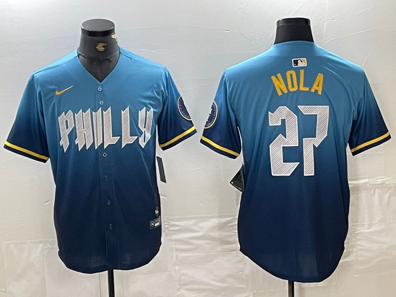 Personalized Men’s Philadelphia Phillies #27 Aaron Nola Blue 2024 City Connect Limited Stitched Baseball Jersey