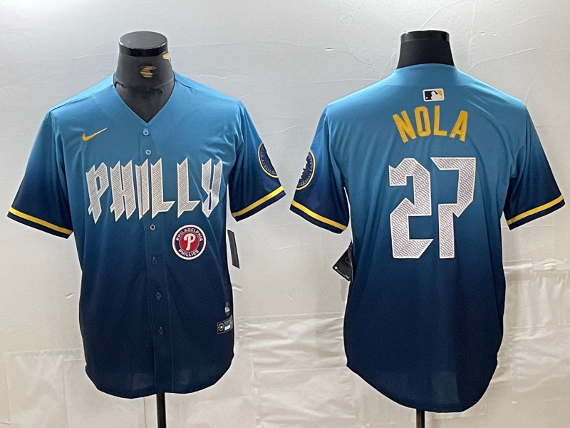 Personalized Men’s Philadelphia Phillies #27 Aaron Nola Blue 2024 City Connect Limited Stitched Baseball Jersey