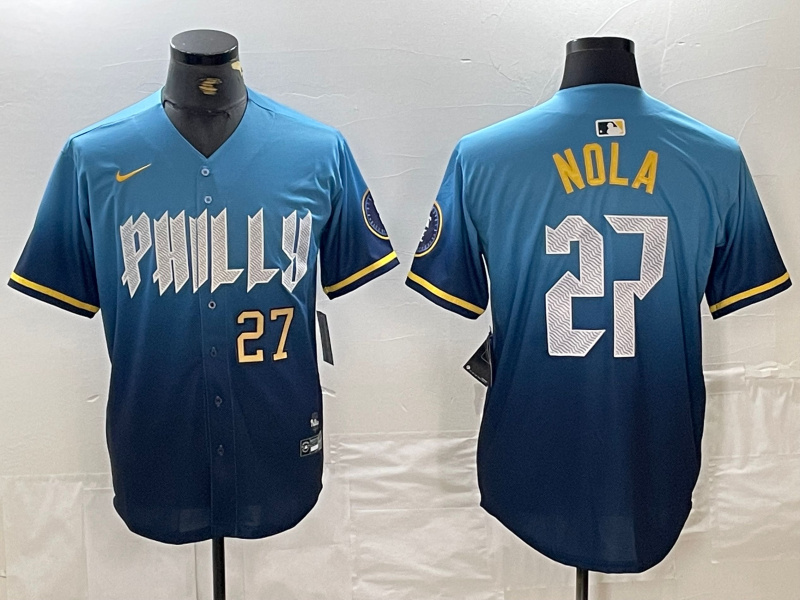 Personalized Men’s Philadelphia Phillies #27 Aaron Nola Blue 2024 City Connect Limited Stitched Baseball Jersey