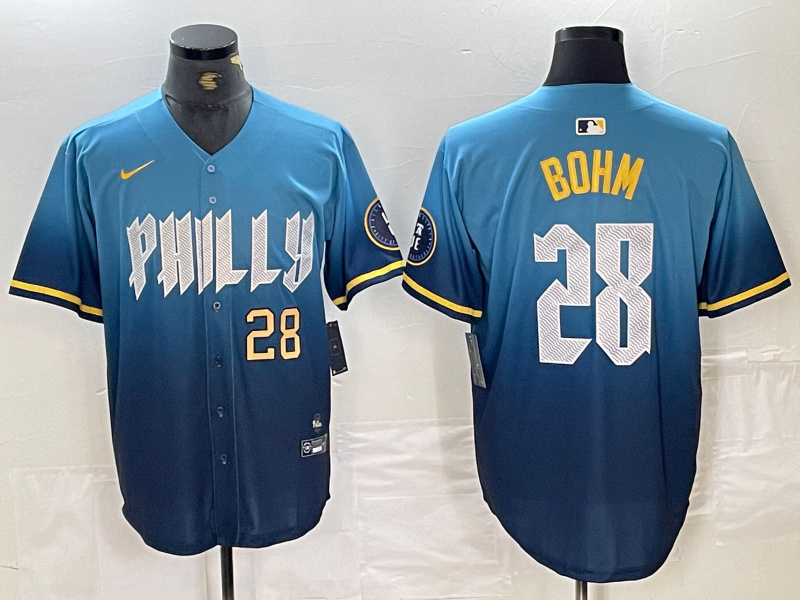 Personalized Men’s Philadelphia Phillies #28 Alec Bohm Blue 2024 City Connect Limited Stitched Baseball Jersey