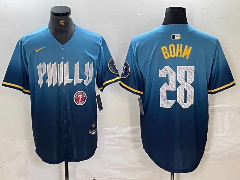 Personalized Men’s Philadelphia Phillies #28 Alec Bohm Blue 2024 City Connect Limited Stitched Baseball Jersey