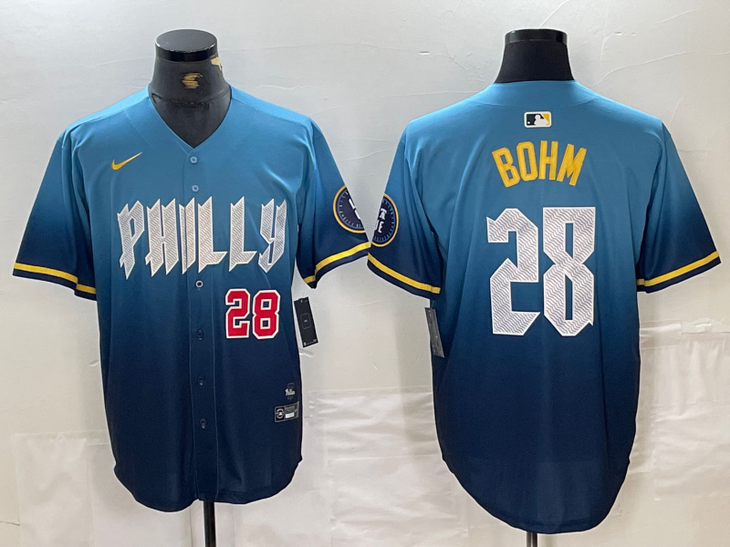 Personalized Men’s Philadelphia Phillies #28 Alec Bohm Blue 2024 City Connect Limited Stitched Baseball Jersey