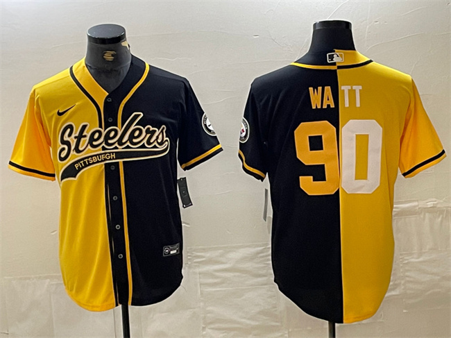 Personalized Men’s Pittsburgh Steelers #90 T. J. Watt Yellow Black Split With Patch Cool Base Stitched Baseball Jersey
